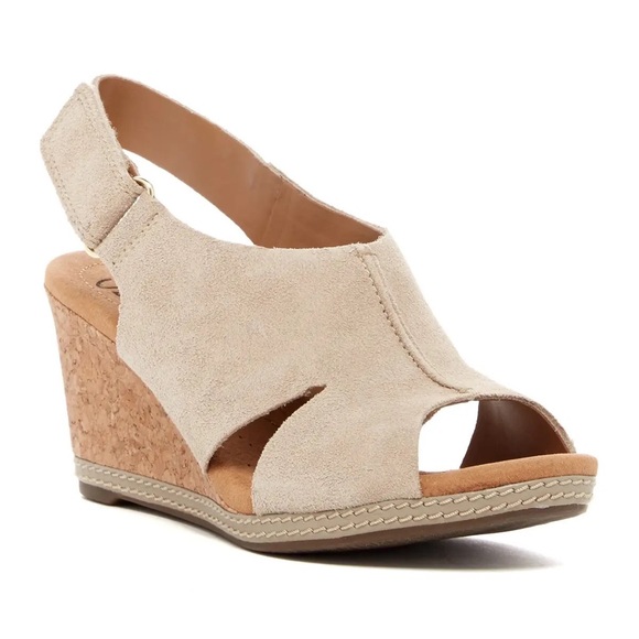 Clarks Shoes - Clarks Helio Float Tan Caged Slingback Cork Wedges